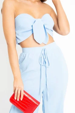 Rebellious Fashion Blue Tie Front Bandeau Wide Leg Trouser Co-Ord - Roselia