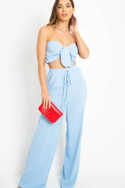 Rebellious Fashion Blue Tie Front Bandeau Wide Leg Trouser Co-Ord - Roselia