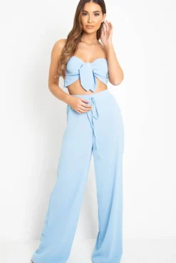 Rebellious Fashion Blue Tie Front Bandeau Wide Leg Trouser Co-Ord - Roselia