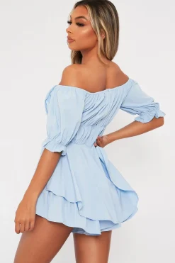 Rebellious Fashion Blue Tie Front Frill Detail Bardot Playsuit - Cera