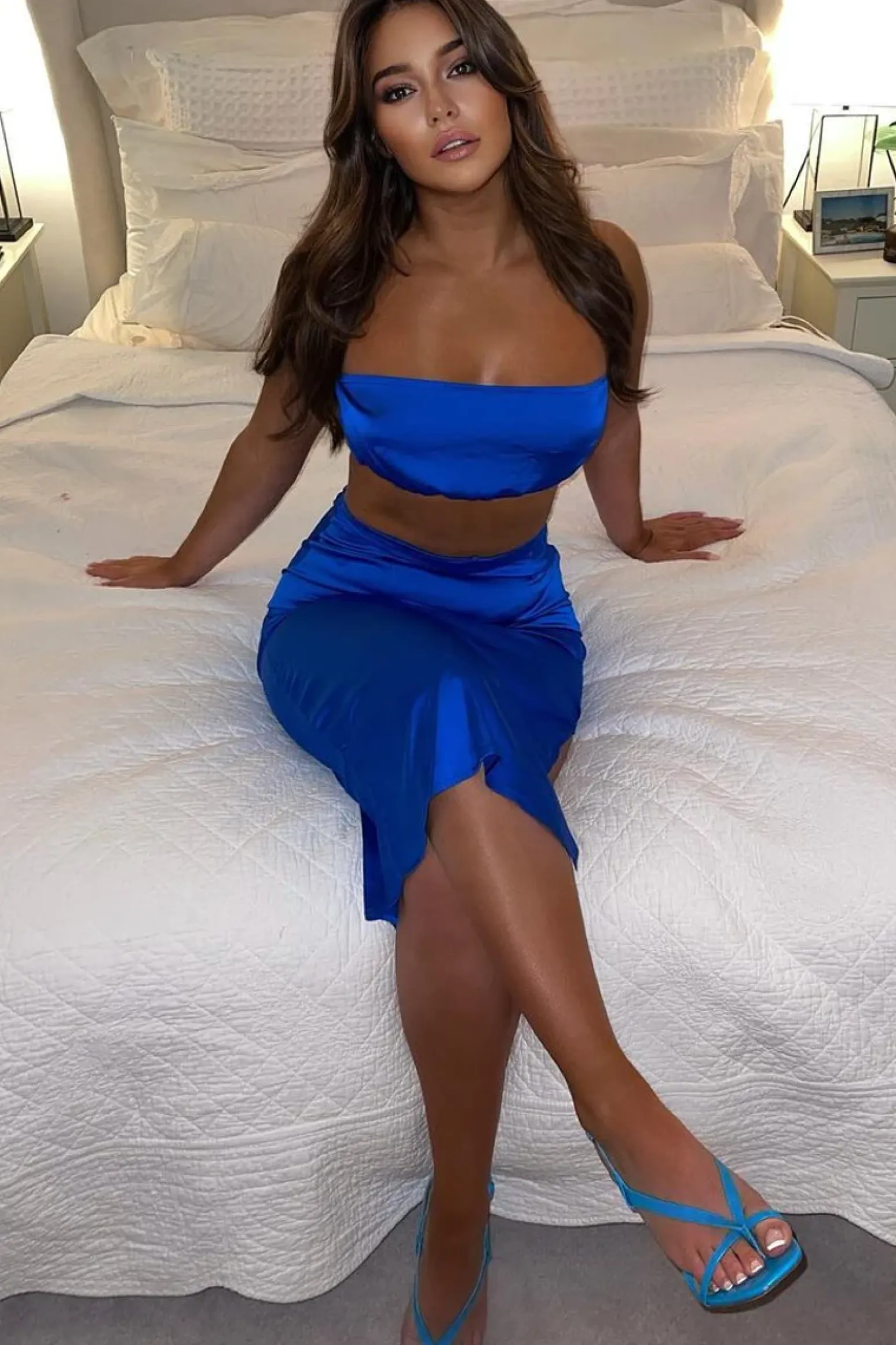 Rebellious Fashion Blue Tie Wrap Around Satin Crop Top & Skirt Co-Ord - Aalaysia