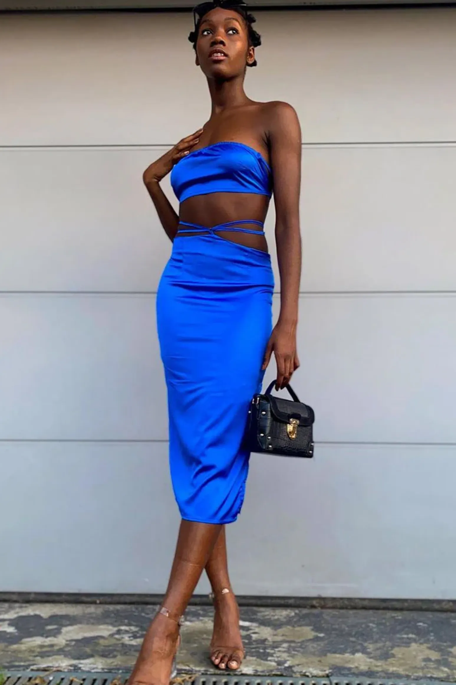 Rebellious Fashion Blue Tie Wrap Around Satin Crop Top & Skirt Co-Ord - Aalaysia