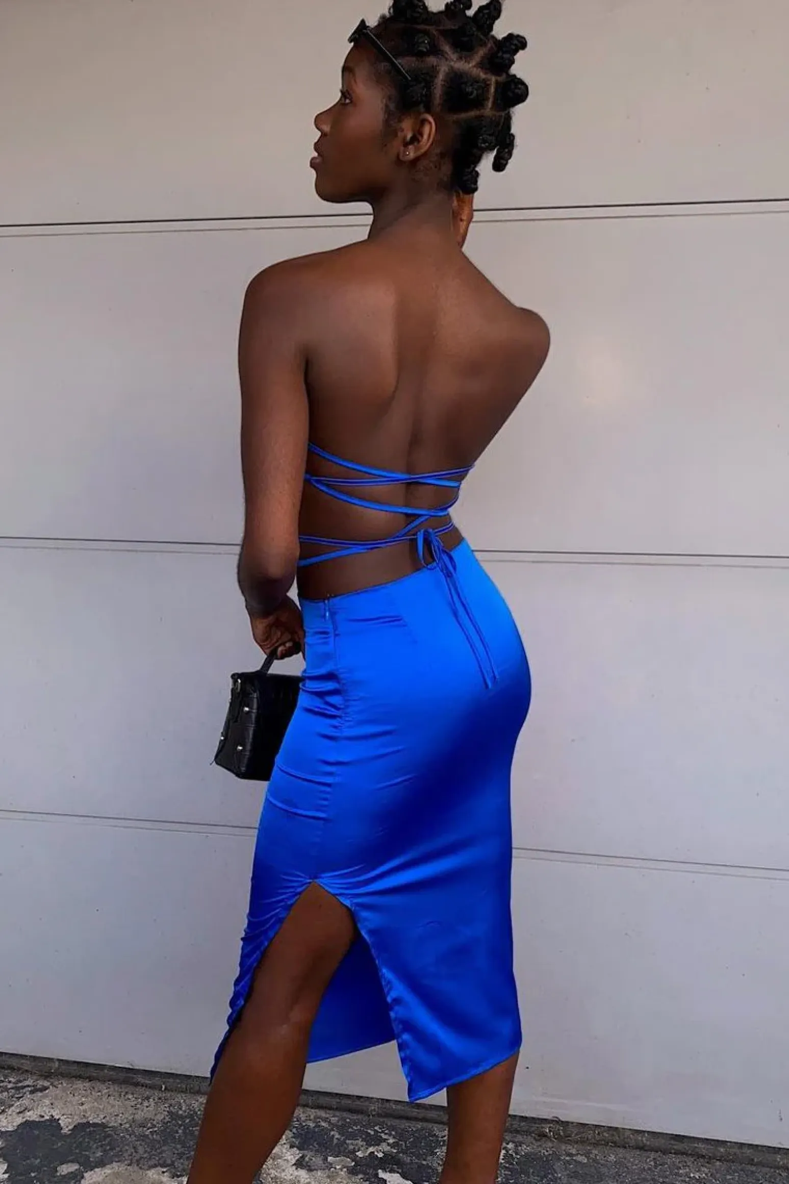 Rebellious Fashion Blue Tie Wrap Around Satin Crop Top & Skirt Co-Ord - Aalaysia