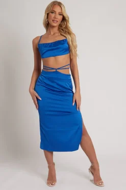 Rebellious Fashion Blue Tie Wrap Around Satin Crop Top & Skirt Co-Ord - Aalaysia