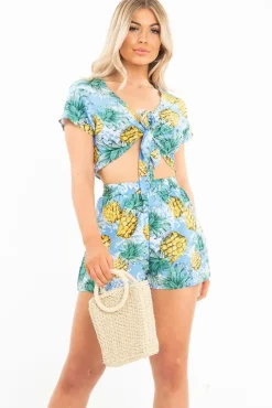 Rebellious Fashion Blue Tropical Print Crop Top and Shorts Co-ord - Olena