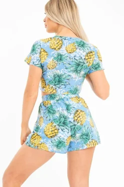 Rebellious Fashion Blue Tropical Print Crop Top and Shorts Co-ord - Olena