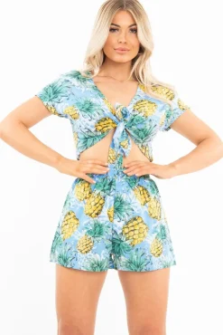 Rebellious Fashion Blue Tropical Print Crop Top and Shorts Co-ord - Olena