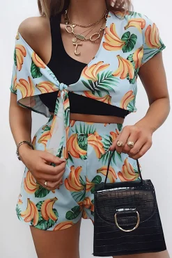 Rebellious Fashion Blue Tropical Print Crop Top and Shorts Co-ord - Olivia