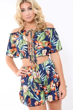 Rebellious Fashion Blue Tropical Print Shorts - Florence