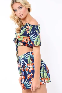 Rebellious Fashion Blue Tropical Print Shorts - Florence