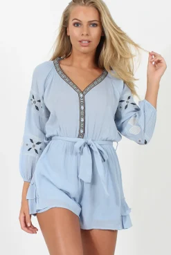 Rebellious Fashion Blue V Neck Embroidered Playsuit- Jess