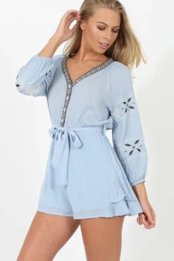 Rebellious Fashion Blue V Neck Embroidered Playsuit- Jess
