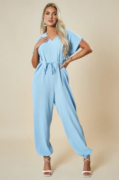 Rebellious Fashion Blue V-Neck Oversized Tie Detail Jumpsuit - Sammie