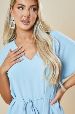 Rebellious Fashion Blue V-Neck Oversized Tie Detail Jumpsuit - Sammie