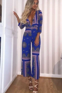 Rebellious Fashion Blue V-Plunge Scarf Print Jumpsuit - Tyler