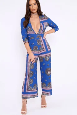 Rebellious Fashion Blue V-Plunge Scarf Print Jumpsuit - Tyler