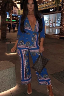Rebellious Fashion Blue V-Plunge Scarf Print Jumpsuit - Tyler