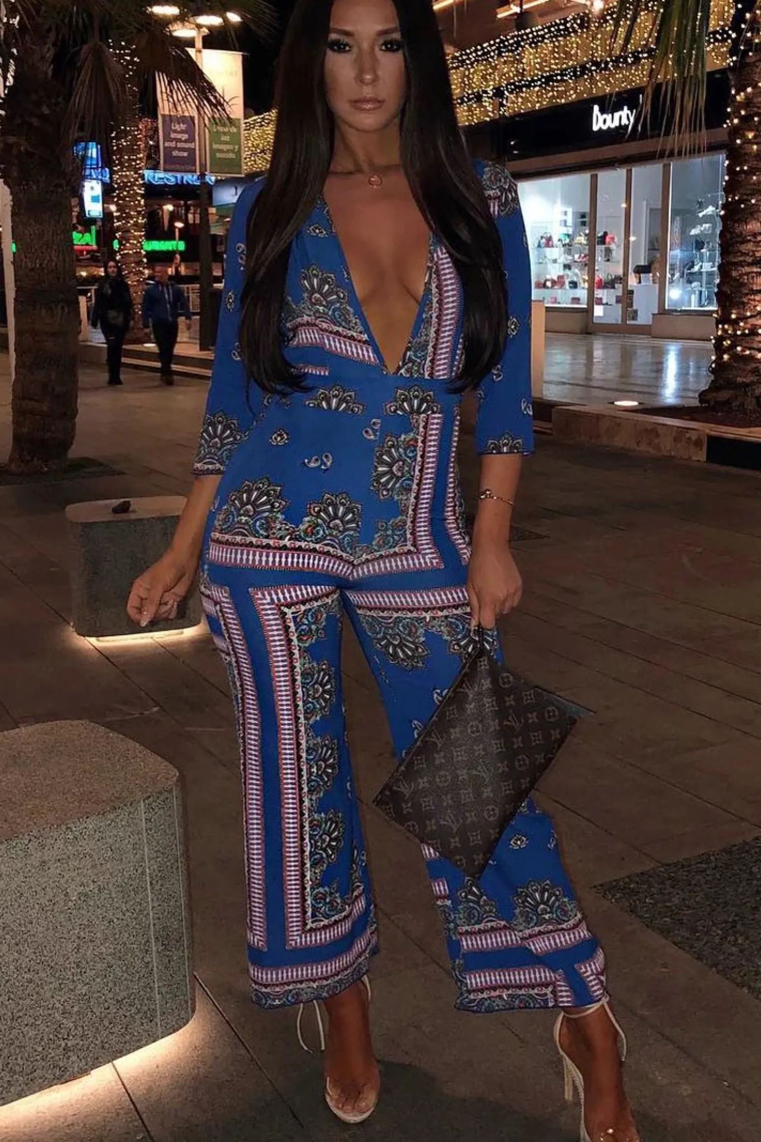 Rebellious Fashion Blue V-Plunge Scarf Print Jumpsuit - Tyler