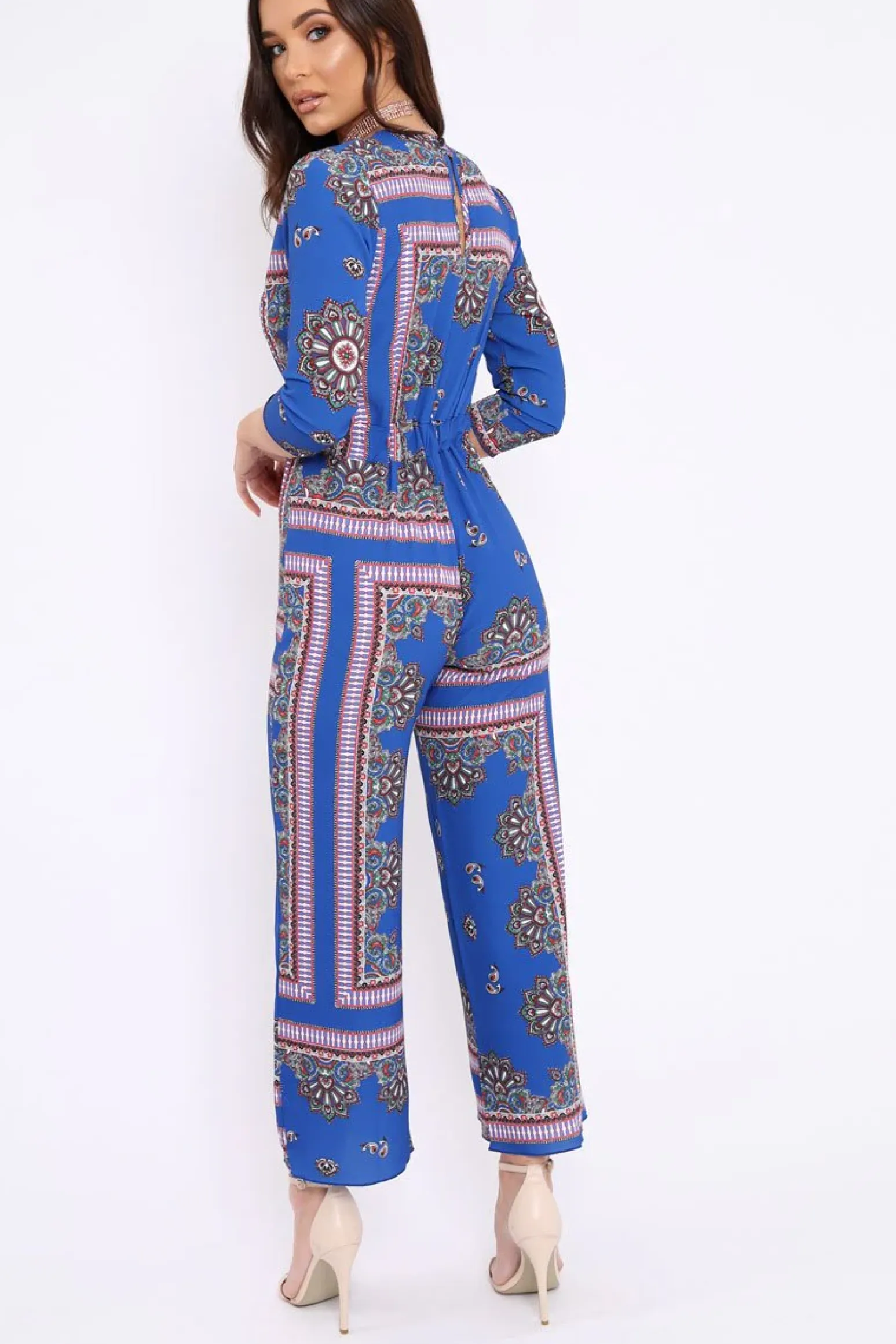 Rebellious Fashion Blue V-Plunge Scarf Print Jumpsuit - Tyler