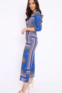Rebellious Fashion Blue V-Plunge Scarf Print Jumpsuit - Tyler