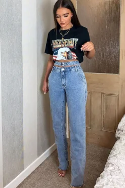 Rebellious Fashion Blue Wash Denim Double Waist Mom Jeans - Dawn