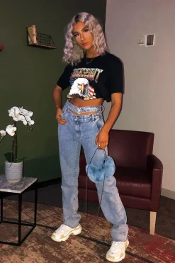 Rebellious Fashion Blue Wash Denim Double Waist Mom Jeans - Dawn