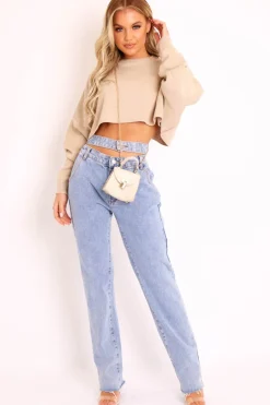 Rebellious Fashion Blue Wash Denim Double Waist Mom Jeans - Dawn