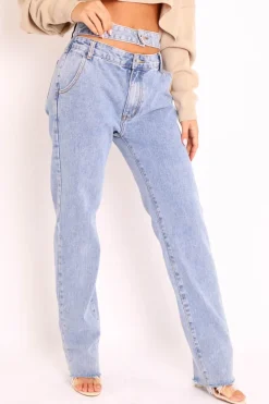 Rebellious Fashion Blue Wash Denim Double Waist Mom Jeans - Dawn