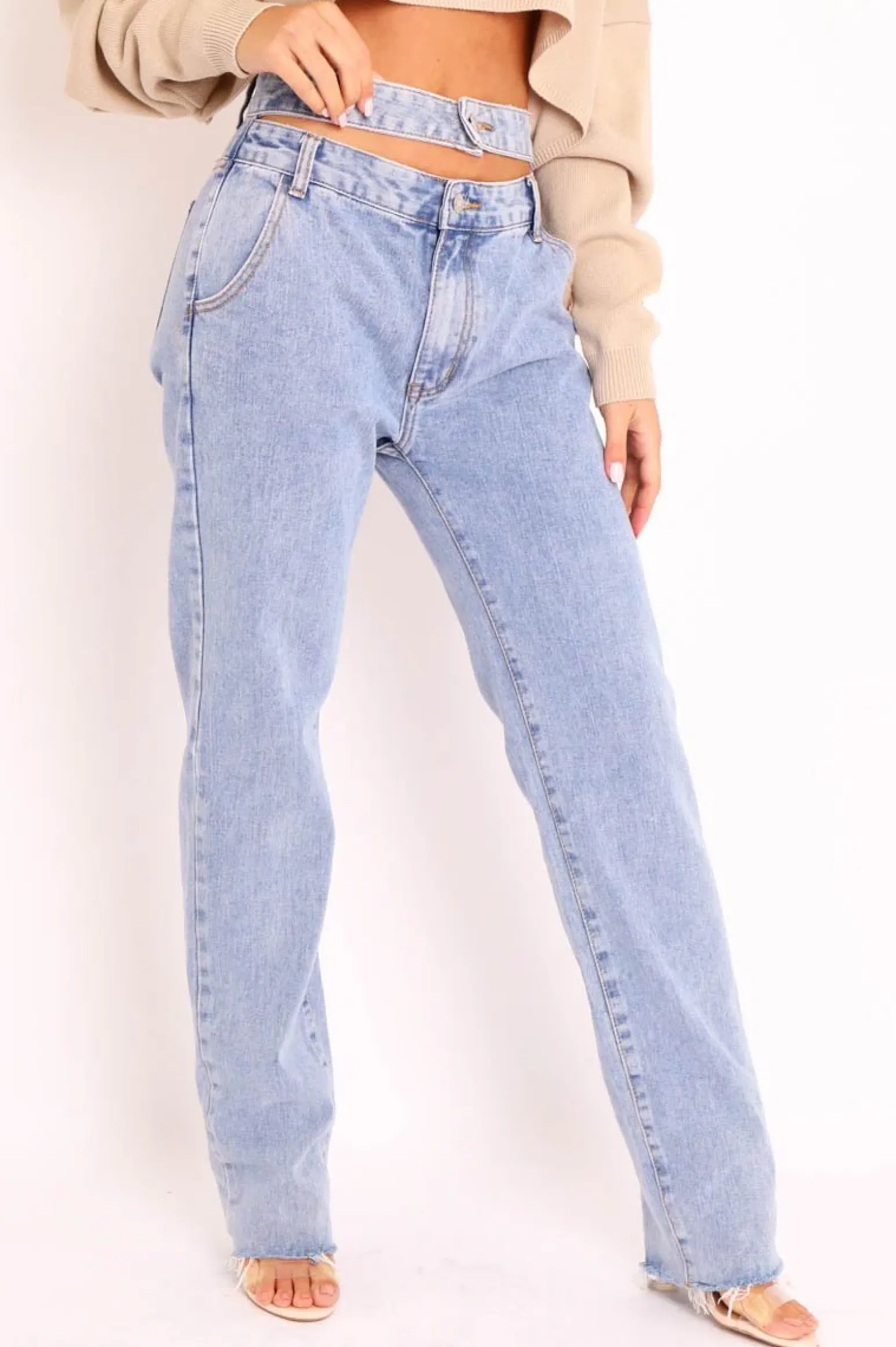 Rebellious Fashion Blue Wash Denim Double Waist Mom Jeans - Dawn