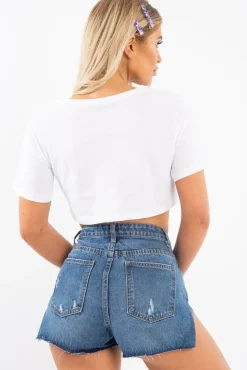 Rebellious Fashion Blue Wash Denim Slide Split Shorts - Charna