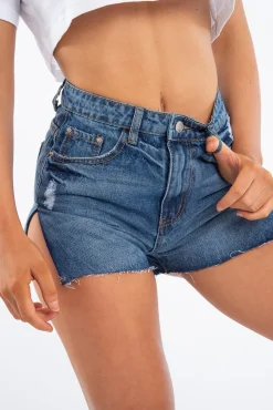 Rebellious Fashion Blue Wash Denim Slide Split Shorts - Charna