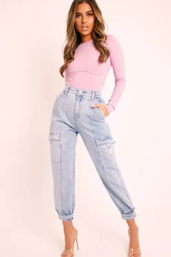 Rebellious Fashion Blue Washed Cargo Pocket Denim Jeans - Madelaine