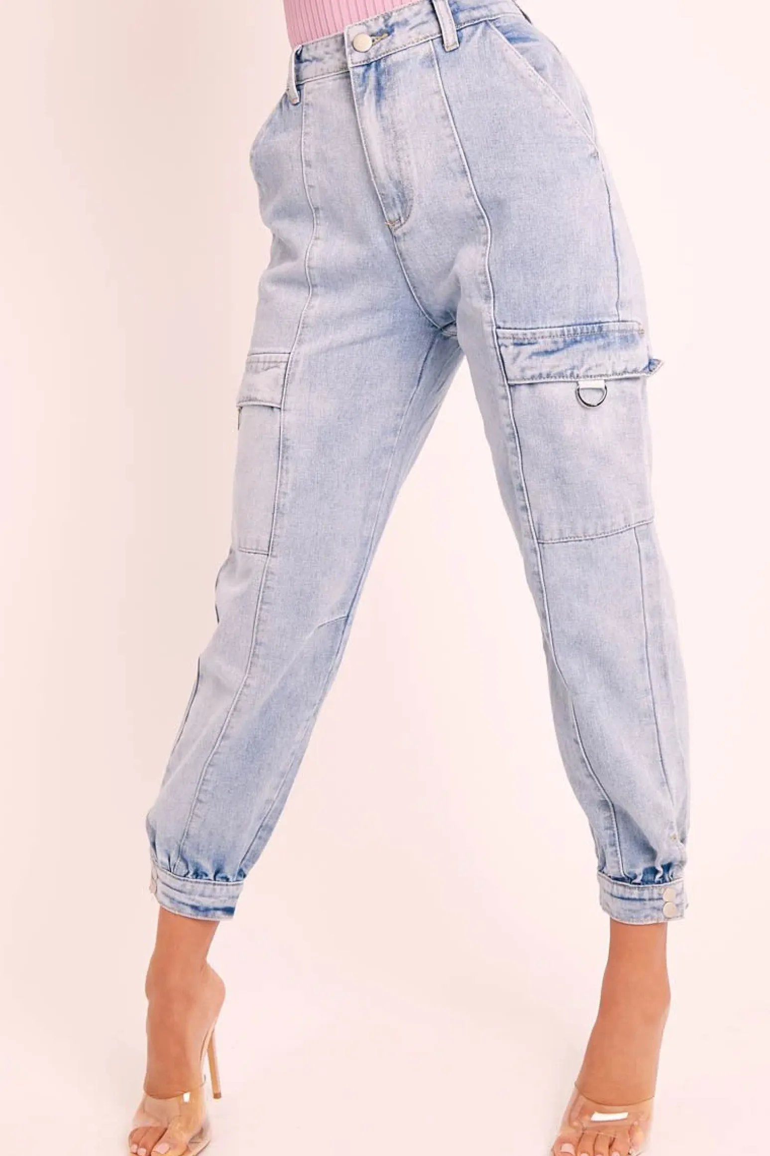 Rebellious Fashion Blue Washed Cargo Pocket Denim Jeans - Madelaine