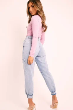 Rebellious Fashion Blue Washed Cargo Pocket Denim Jeans - Madelaine