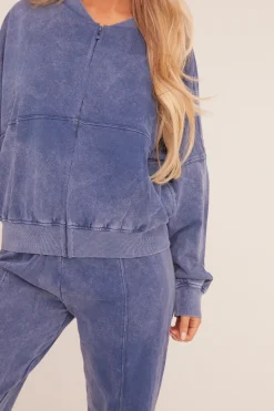 Rebellious Fashion Blue Washed Effect Zip Front Bomber & Joggers Loungewear Co-ord Set - Kamila