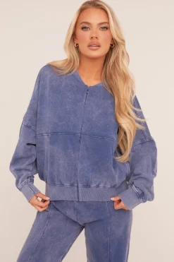 Rebellious Fashion Blue Washed Effect Zip Front Bomber & Joggers Loungewear Co-ord Set - Kamila