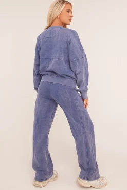 Rebellious Fashion Blue Washed Effect Zip Front Bomber & Joggers Loungewear Co-ord Set - Kamila