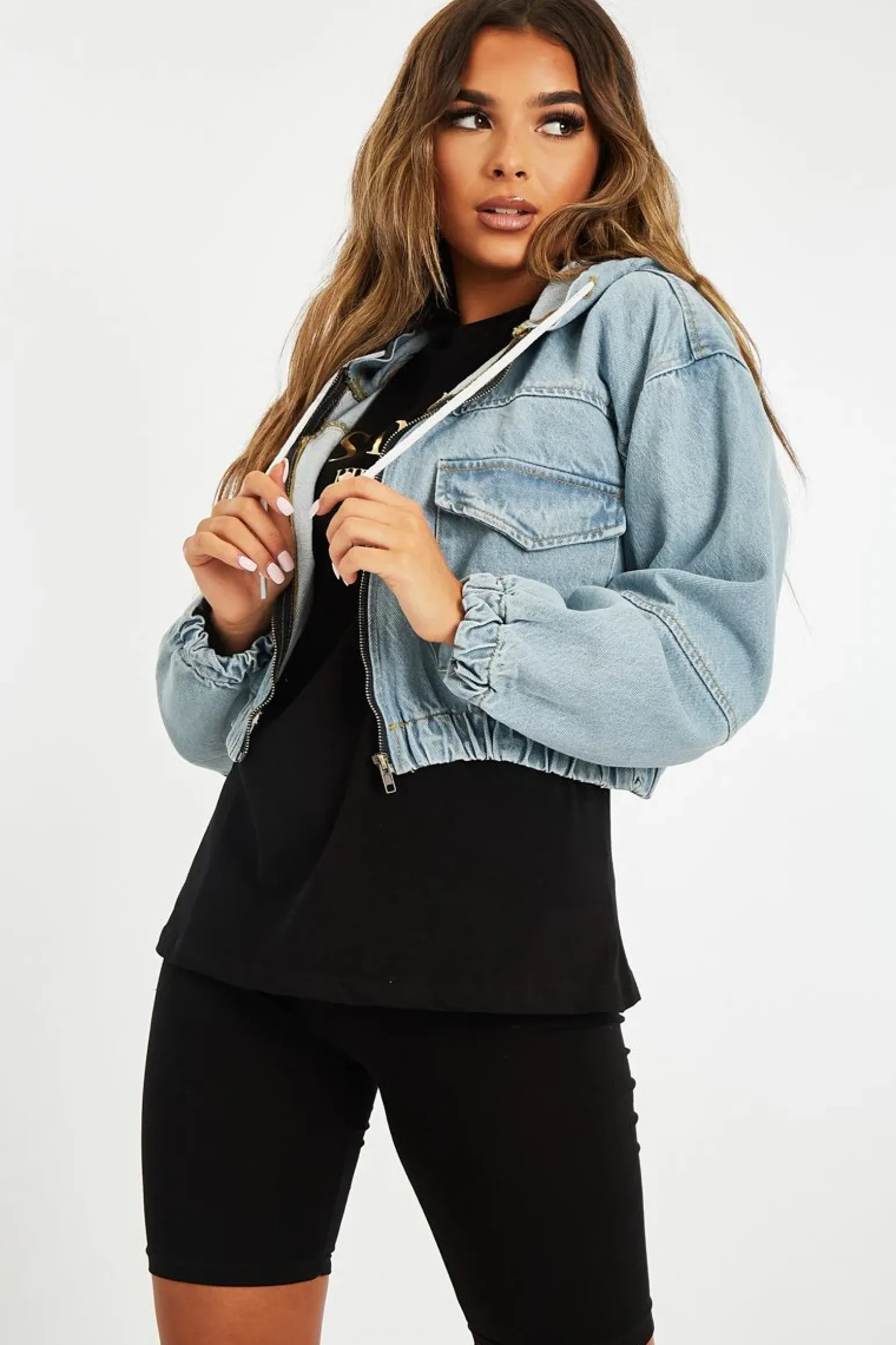 Rebellious Fashion Blue Wash Hooded Cropped Denim Jacket - Madison