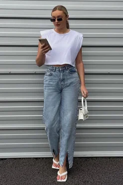 Rebellious Fashion Blue Wash Split Front Straight Jeans - Lilyrose
