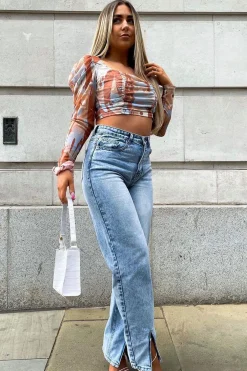 Rebellious Fashion Blue Wash Split Front Straight Jeans - Lilyrose