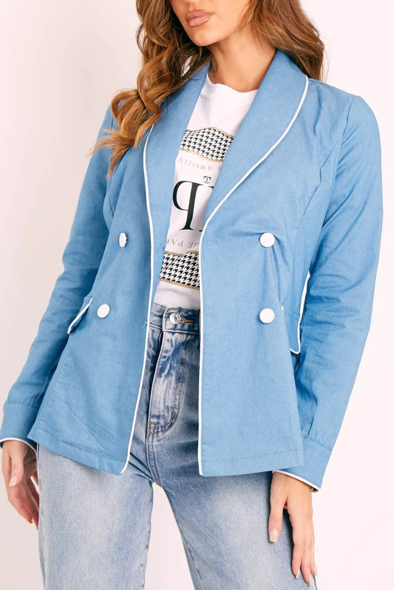 Rebellious Fashion Blue White Trim Blazer - Bridgit