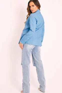 Rebellious Fashion Blue White Trim Blazer - Bridgit