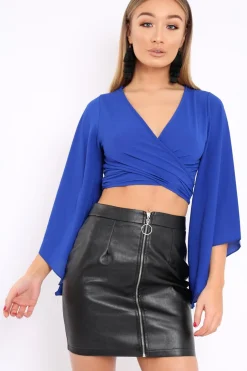 Rebellious Fashion Blue Wrap Tie Crop Blouse - Kay