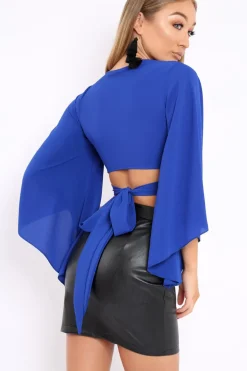 Rebellious Fashion Blue Wrap Tie Crop Blouse - Kay
