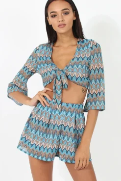 Rebellious Fashion Blue Zig Zag Crochet Tie Front Co-ord - Adele