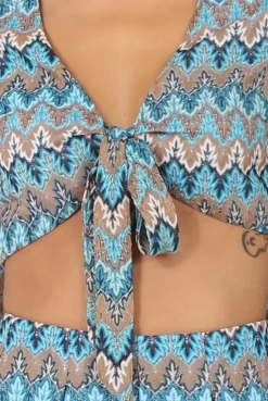 Rebellious Fashion Blue Zig Zag Crochet Tie Front Co-ord - Adele