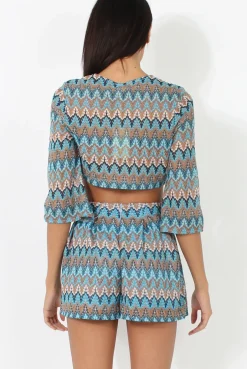 Rebellious Fashion Blue Zig Zag Crochet Tie Front Co-ord - Adele