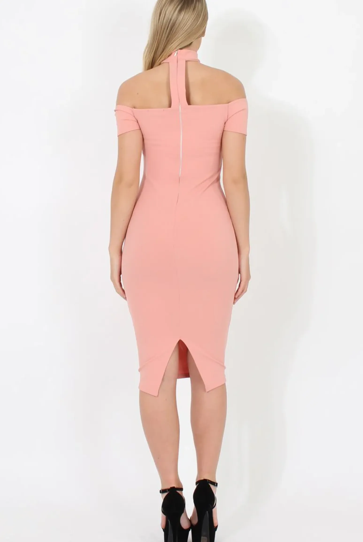 Rebellious Fashion Blush Choker Bardot Bodycon Dress - Thea