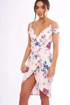 Rebellious Fashion Blush Floral Cold Shoulder Wrap Midi Dress - Karoline
