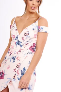 Rebellious Fashion Blush Floral Cold Shoulder Wrap Midi Dress - Karoline